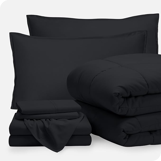 Bare Home Bed-in-A-Bag 7 Piece Comforter & Sheet Set - California King - Goose Down Alternative - Ultra-Soft 1800 Premium - Bed Set (Cal King, Black/Black)