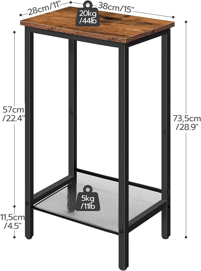 HOOBRO Tall Side Table, Industrial End Telephone Table with Adjustable Mesh Shelves, for Living Room, Bedroom, Entryway, Office, Rustic Brown and Black BF03DH01