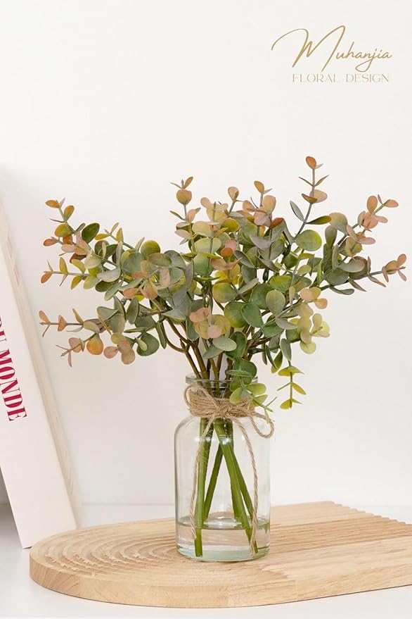 Artificial Eucalyptus Stems in Glass Vase with Faux Water,6Pcs Grey-Orange Fake Plant for Centerpiece (Grey-Orange Eucalyptus)