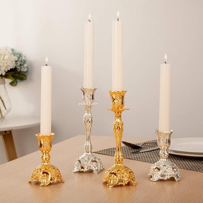 Sziqiqi Silver Plated Candlestick Holders Set of 2 Taper Candle Holders Deluxe Ornate Candle Holders for Shabbat Taper Candles, Candle Centerpiece, Wedding Candles, Christmas Candle, 7.4inch