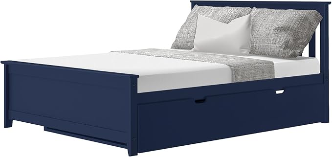 Max & Lily Full Bed, Wood Bed Frame with Headboard For Kids with Trundle, Slatted, Blue