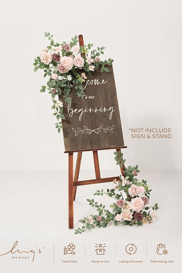 Ling's moment 2pcs Wedding Flowers Garland Artificial Floral Swag Arch Decorations Greenery Arrangements Dusty Rose Cream Ceremony Reception Garden Easel Wall Entryway Outdoor Board(NOT Include Sign)