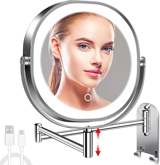 9" Wall Mounted Lighted Makeup Mirror, 3000mAh Rechargeable Double Sided 1X/10X Magnifying Mirror with Hook, 3 Color Lights Dimmable 360° Rotation Vanity Mirror for Bathroom