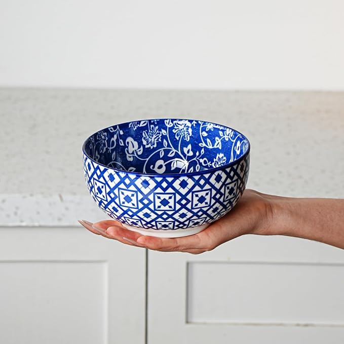 Ceramic Soup Bowls Set - 23 Oz Deep Cereal Bowl for kitchen - 6 Inch Porcelain Salad Bowl for Pasta, Dessert, Ramen - Microwave Dishwasher Safe - Set of 6 - Vintage Blue