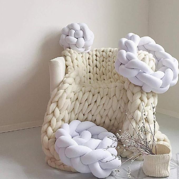 Chunky Knit Blanket Hand Made Merino Wool Throw Boho Bedroom Sofa Home Decor Giant Yarn(Ivory White 47"x60")