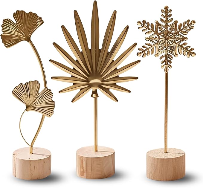 Gold Leaf Home Decor Set - Metal Leaves Statues, Modern Artistic Sculptures for Living Room, Office, Shelf & Home Decorative, Handmade 3D Botanical Accents (Sunshine, Ginkgo, Snowflake, 3PCS)