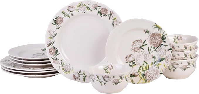 222 Fifth Luxe Peony Neutral Porcelain 12-Piece Dinnerware Set – Service for 4, Includes Dinner Plates, Salad Plates & Cereal Bowls, Glossy Finish, Dishwasher Safe, for Daily Dining & Entertainment