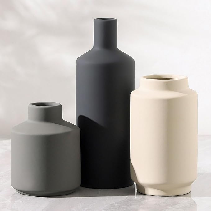 Ceramic Vase Set of 3, Modern Decorative Vases for Home Decor, Small Flower Pottery Vase Sets, Boho Farmhouse Rustic Vases for Living Room, Kitchen, Bedroom, Bathroom, Shelf, Table