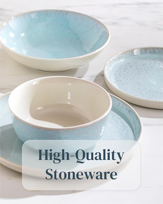 Stoneware dinnerware set 4 persons 16 pcs – Modern style plates and bowls set ceramic – Dishwasher, microwave and scratch resistant – Bowl and plate set – Dinner service Pure Living beige & light blue
