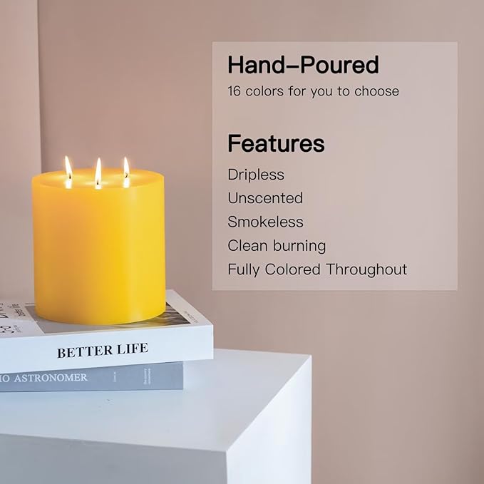 MOZEAL Extra Large 3 Wick Yellow Pillar Candle, 6" x 6", Unscented, Dripless, Smokeless, and Clean-Burning. Approx. 120 Hours of Burn Time. Perfect for Weddings, Dinners, Christmas and Home Decor
