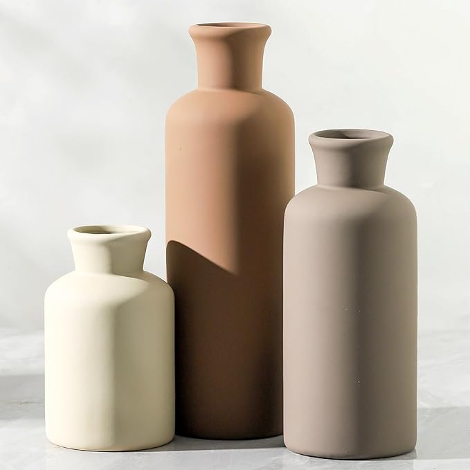 Ceramic Vase Set of 3, Flowers Neutral Modern Vases Home Decor Rustic Farmhouse Decor Pampas Vase for Table Mantel Entryway Shelf Living Room Kitchen Bathroom - Brown