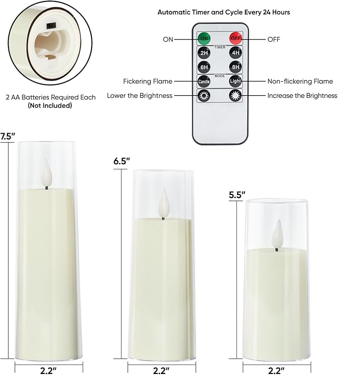 Amagic Ivory Flameless Candles with Remote, Battery Operated Candles with Timer, Acrylic Plexiglass Flickering LED Fake Candle for Wedding, Holiday, Home Decor, Set of 9, D2.2 x H5 6" 7"