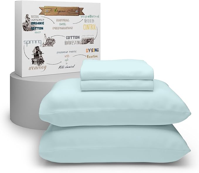 SUPREME ELEGANCE Organic 100% Cotton Twin Aqua Sheet Set, Percale Weave 14" Deep Pocket Twin Sheets Set, Ultra-Soft, Back to School College Essentials, Breathable & Cooling Bedsheet