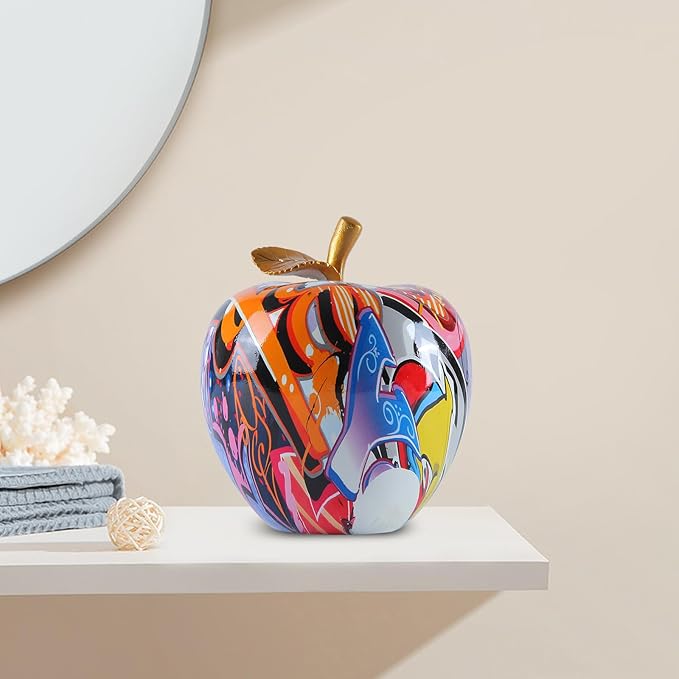 Colorful Fruit Figurines Apple Statue Decorations,Abstract Graffiti Apple Resin Sculpture for Table top Ornament Home Decor Christmas eve Gift(Large)