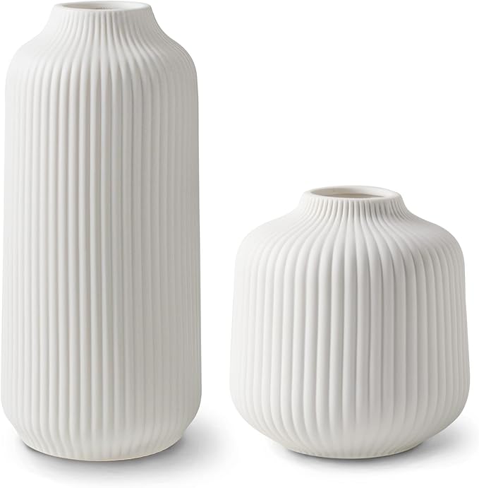 Ceramic Vases in Nordic Style, Modern Vase Deco for Pampas Grass, Boho Deco for Windowsill, Vases Set in White Matt, Flower Vase as Home Decoration for Fresh Flowers, Dried Flowers, Set of 2