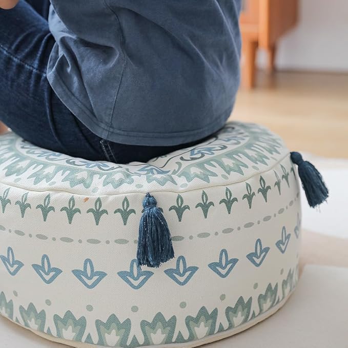 MOCOFO Round Unstuffed Pouf Cover D45xH20cm Scandinavian Simplicity Geometric Print Floor Cushion - Washable Ottoman for Living Room Home Decor