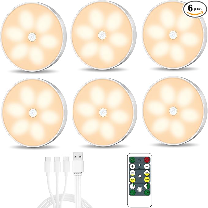 Warm Color LED Closet Lights Motion Sensor Puck Light, USB Rechargeable Battery Operated Puck Step Lights, Dimmable Under Cabinet Lighting for Counter Wardrobe Kitchen (6 Pack)