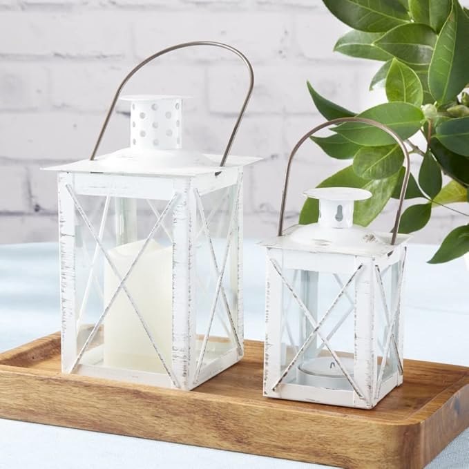 Kate Aspen Rustic Shelf Decor Luminous Vintage Tea Light Votive Candle Holders, Medium Metal Decorative Lantern, Distressed White