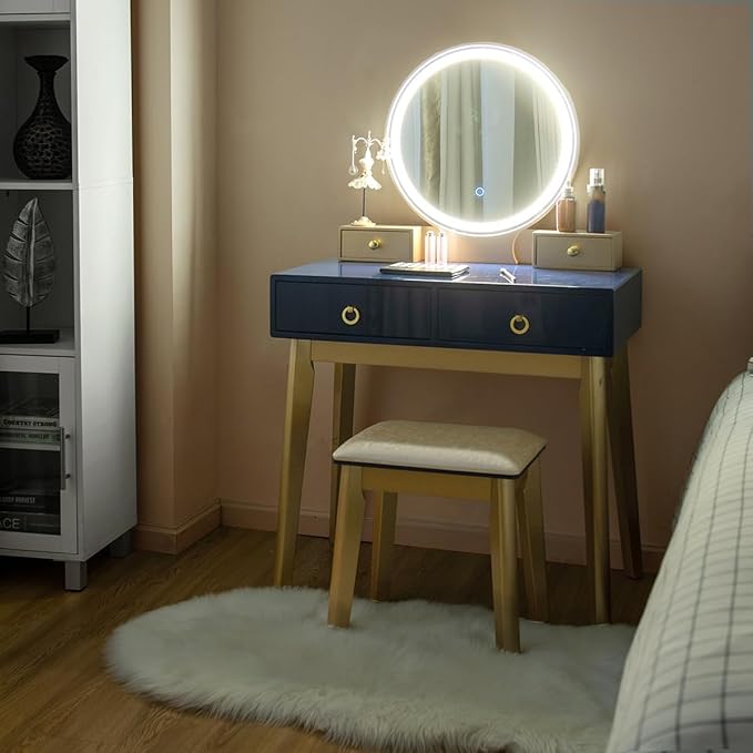 CHARMAID Vanity Desk with Lights, Navy Blue Makeup Vanity Desk with 3-Color Lighted Mirror, 4 Drawers, Cushioned Stool, Modern Bedroom Makeup Dressing Table for Small Place