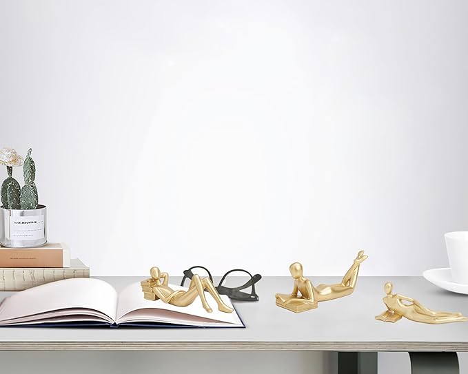 Reading Women Lying Down Figurine Gold Decor, Elegant Addition to Reading Nook, Small Gold Decor Fun Paperweight