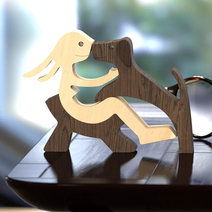 ISHINE Handmade Wooden Statue, Sitting Woman and Dog, Wood Decor Accents Craft Figurine for Bedroom Home Office Shelf Decor Gift Natural ECO Friendly