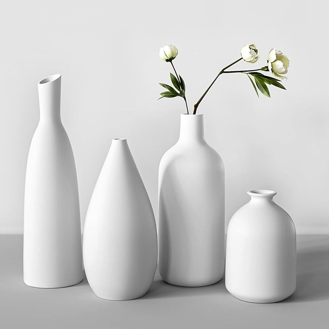 Ceramic Vases Set of 4 22 + 19 + 17 + 11 cm Height, Flower Vases Modern Home Decor, Large Modern Vases for Flowers Table Bookshelf Mantel Living Room Bedroom Office Wedding Party Gift