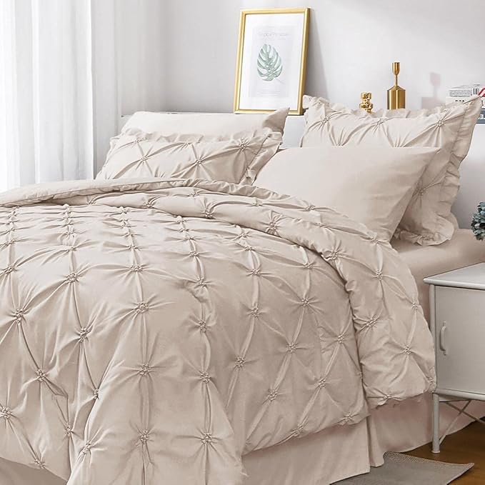 JOLLYVOGUE Queen Comforter Set 7 Pieces, Beige Bed in a Bag Comforter Set for Bedroom, Bedding Comforter Sets with Comforter, Sheets,Ruffled Shams & Pillowcases