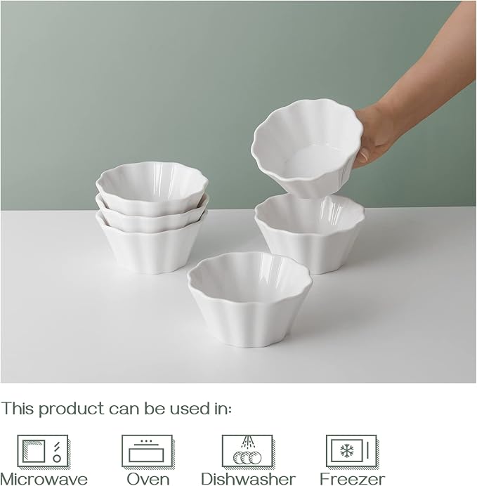 DOWAN Ramekins 8 oz Oven Safe, Creme Brulee Porcelain Ramekins for Baking, Flower-Shaped Custard Cups, Condiments Cups, Souffle Dish, Dipping Bowls, Set of 6, Soft White
