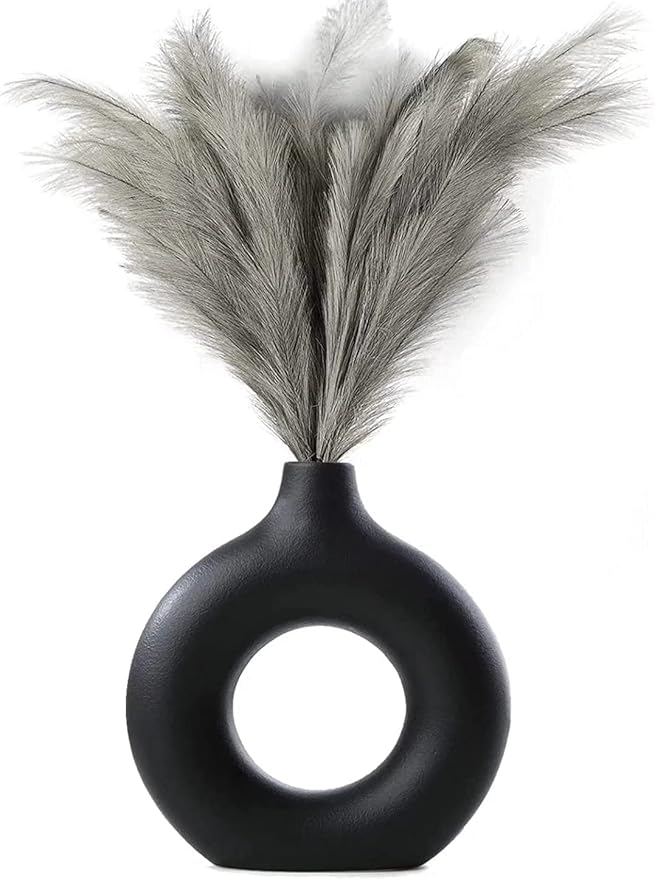 Black Ceramic Vase for Modern Home Decor, Round Matte Pampas Flower Vases Minimalist Nordic Boho Ins Style for Wedding Dinner Table Party Living Room Office Bedroom, Decorative Gift