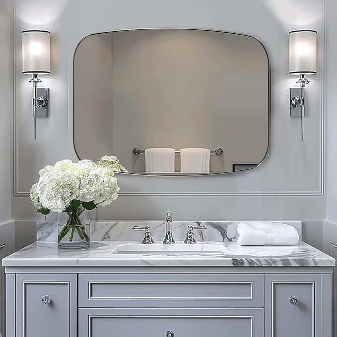 ANDY STAR Brushed Nickel Bathroom Mirror, 30x36’’ Oblong Mirror with Stainless Steel Metal Frame, Silver Oval Vanity Mirror for Over Sink, Modern Anti Rust Wall Mounted