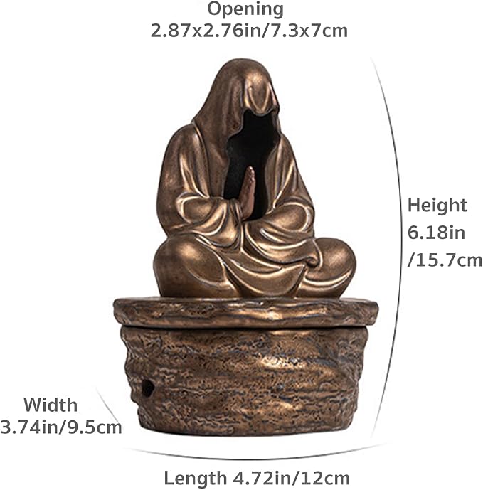 Ceramic Incense Holder for Cone and Coil - Incense Burner Holder Zen Decor with Buddha Statue Design Protection from Evil - 4.72" L X 3.78" W X 6.18" H (Gold)