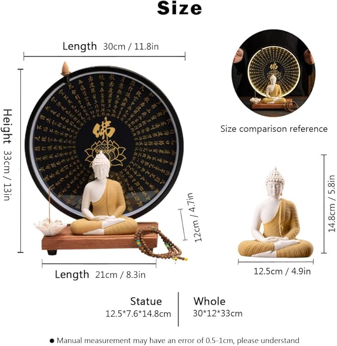 Shakyamuni Buddha Ceramic Statue Indoor Backflow Incense Burner with Led Ring Light Heart Meridian Painting，Meditation Decoration for Home and Office, Suitable for Cone and Stick Incense