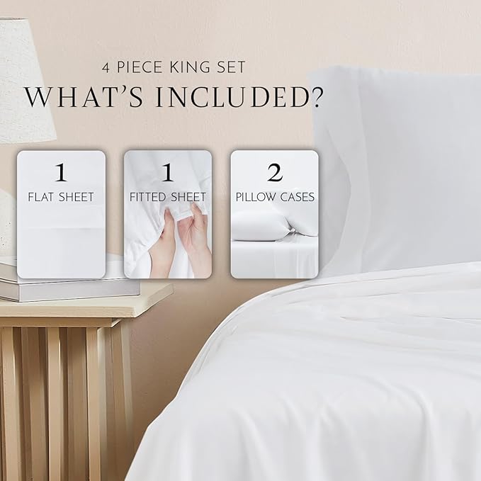 Linen Closet 100% Organic Cotton King Sheet 4 Pcs Set – Crisp Percale, Lightweight & Breathable– Arctic White Bed Sheets,Deep Pocket up to 18”– Naturally Cooling, Soft, Eco-Friendly,All Season Comfort