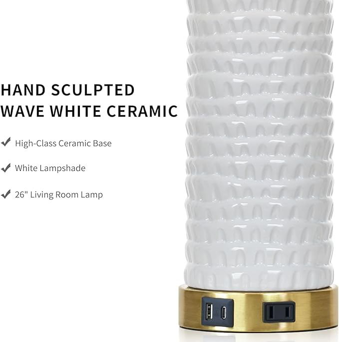 26" White Table Lamps for Living Room Set of 2, Ceramic Bedroom Lamps for Nightstands, Modern Bedside Lamps for Bedroom Living Room, Nightstand Lamps for End Table, Hallway, Gold and White