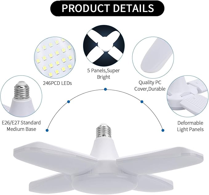 (2 Pack) LED Garage Lights, 60W Trilights Ceiling, High Low Bay Deformable Adjustable 4 Led Light Bulbs 6000LM 6000K, Screw in Tribright Garage Lighting Fixture,CRI80 Daylight