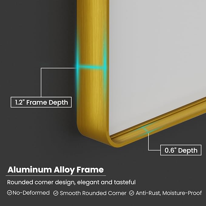 Gold Bathroom Mirror, 55x30 Inch Brushed Gold Metal Frame Mirror for Wall, Rounded Rectangle Bathroom Vanity Mirror, Tempered Glass, Anti-Rust, Horizontal/Vertical