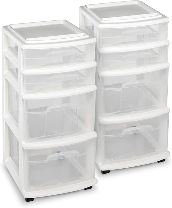 HOMZ 2-Pack Drawer Tower, 4-Tier Clear Plastic Storage Organizer Cart, White Frame - Organizing Containers with Wheels for Home, Bathroom, Bedroom, Office, and Classroom