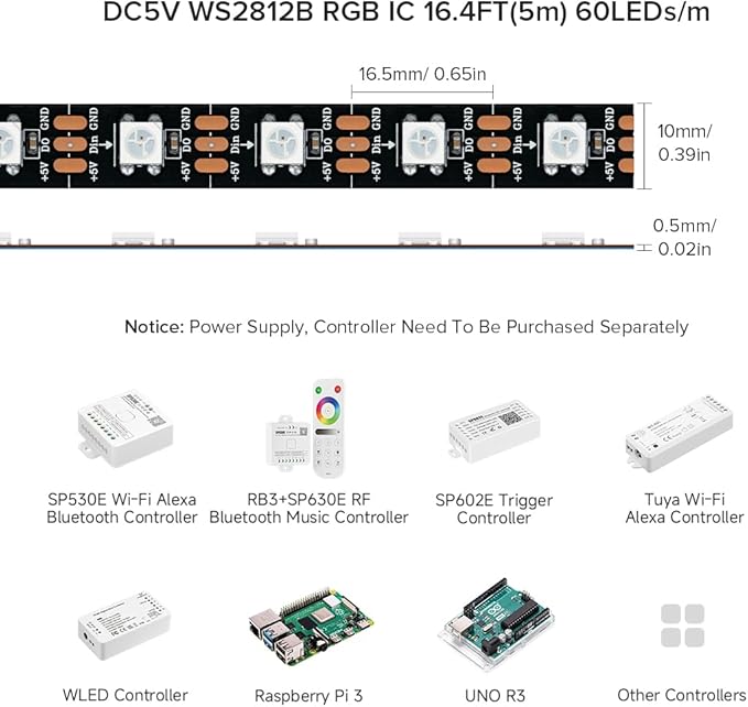 BTF-LIGHTING WS2812B IC RGB 5050SMD Pure Gold Individual Addressable LED Strip 16.4FT 300LED 60Pixel/m Flexible Full Color IP30 DC5V for DIY Chasing Color Project(No Adapter or Controller)