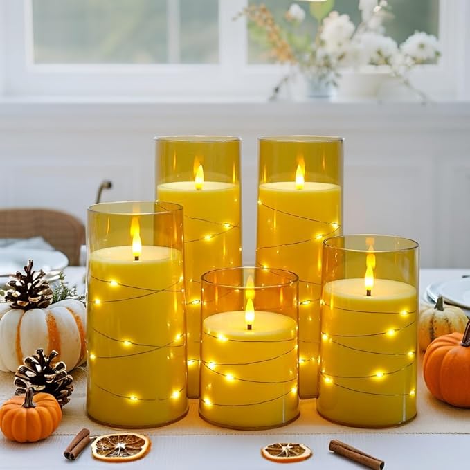 Lezonic 6Pcs Flameless LED Candles with Remote Timer, Acrylic Battery Operated Candles Flickering with Embedded String Lights, for Wedding Centerpiece, 3 x 456688 inches(Gold)