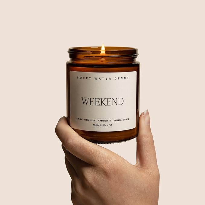 Sweet Water Decor Weekend Soy Candle - Citrus, Grapefruit, Sage, Amber, and Oakmoss Scented Spring Candles for Home - 9oz Amber Jar + Black Lid, 40+ Hour Burn Time, Made in The USA