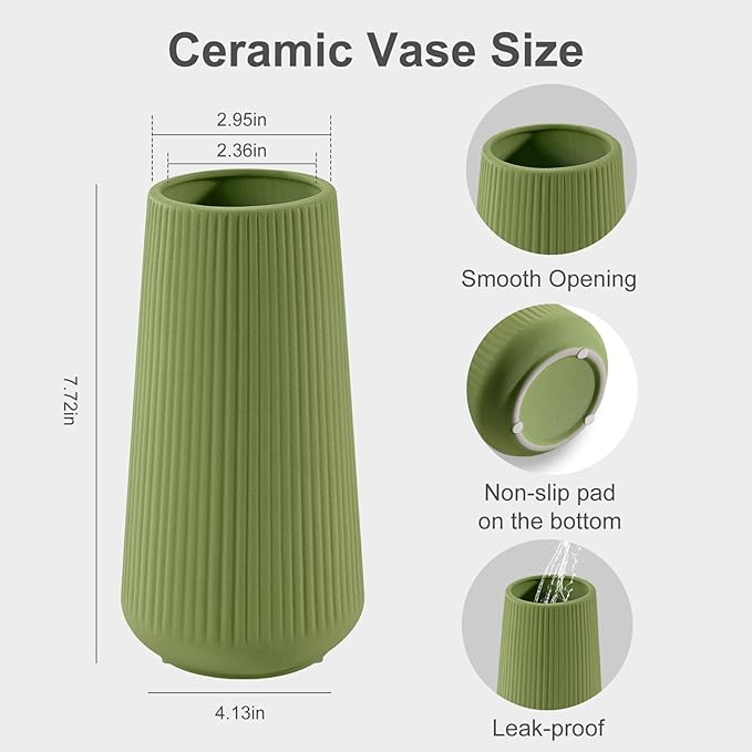 Saga Green Ceramic Vase, GUKJOB Small Cute Flower Vase for Pampas Grass, Home, Living Room, Dining Table, Farmhouse, Office Decor, Bedroom, Table, and Kitchen Shelf (Saga Green)