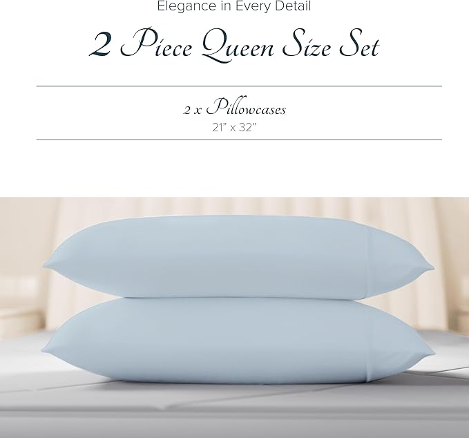 Carressa Linen 100% Egyptian Cotton Pillow Cases Standard/Queen Size Set of 2 - Luxury 1500 Thread Count Sateen Light Blue Pillow Cases, Silky Soft Cotton Pillowcases Fits Standard & Queen Pillows