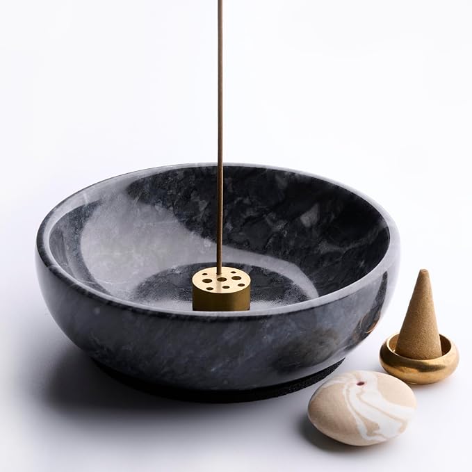 Marble Incense Holder Bowl with Brass Burner – Natural Hand-Polished Stone Incense Burner for Sticks, Cones, Palo Santo & Sage – Ash Catcher for Meditation, Yoga & Home Decor