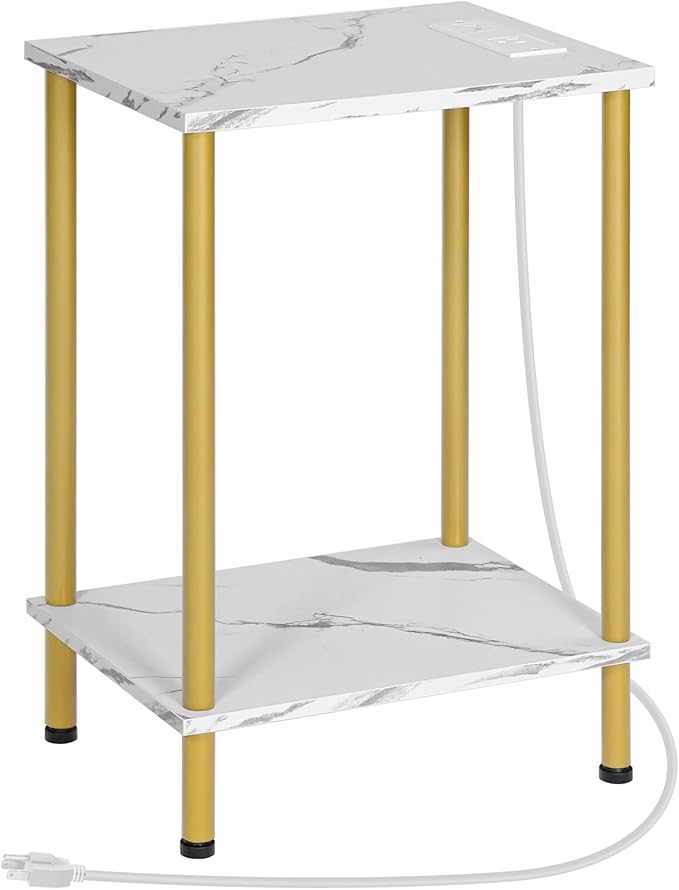 HOOBRO Side Table with Charging Station, End Table with USB Port and Outlet, Nightstand with 2-Layer Storage Shelves for Small Spaces, Living Room, Bedroom, Stable Frame, Gold and Marble DM09UBZ01