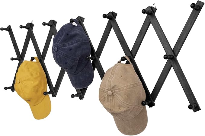 Wall Rack with 20 Hooks, Wooden Wall Expandable Coat Rack for Coat, Hats, Baseball Caps, Coffee Mug, Jewelry(Black)