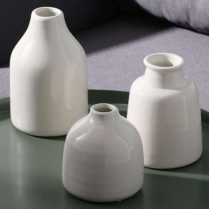 hjn Small White Vase Set of 3 for Modern Home Decor,Ceramic Vases for Centerpieces Flower Vases for Living Room Wedding/Dinner Table/Party -White