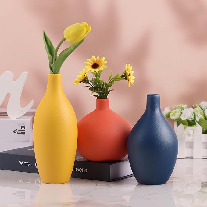 Ceramic Vase Set of 3, Minimalist Yellow, Orange, Blue Vases - Modern Farmhouse, Living Room, Shelf and Entryway Decor