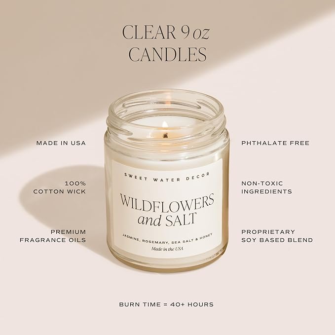 Sweet Water Decor Cashmere and Vanilla Soy Candle - Jasmine, Soft Cashmere, Sandalwood, Vanilla Scented Spring Candle for Home - 9oz Clear Jar with Lid, 40+ Hour Burn Time, Made in The USA