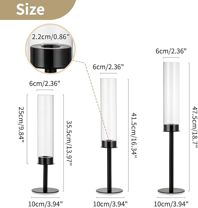NUPTIO Black Candlestick Holders for Centerpiece: Set of 3 Hurricane Taper Holder with Windproof Glass Cover Long Stem Cylinder Metal Candle Sticks Stands for Halloween Christmas Table Decoration