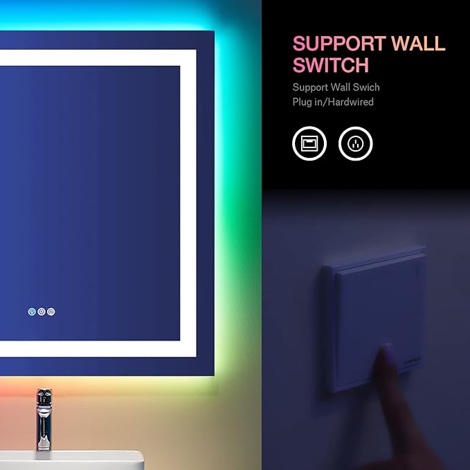 LOAAO 38"X38" LED Bathroom Mirror with Lights, Anti-Fog, Dimmable, RGB Backlit + Front Lighted, Bathroom Vanity Mirror for Wall, Memory Function, Waterproof, Tempered Glass